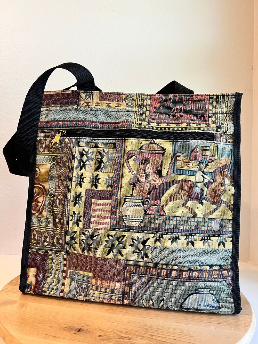 Vintage Woven Tapestry Tote Two Handle Medium Bag